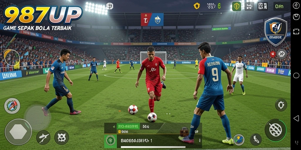 Screenshot 987UP menampilkan aksi mendebarkan di lapangan sepak bola.
