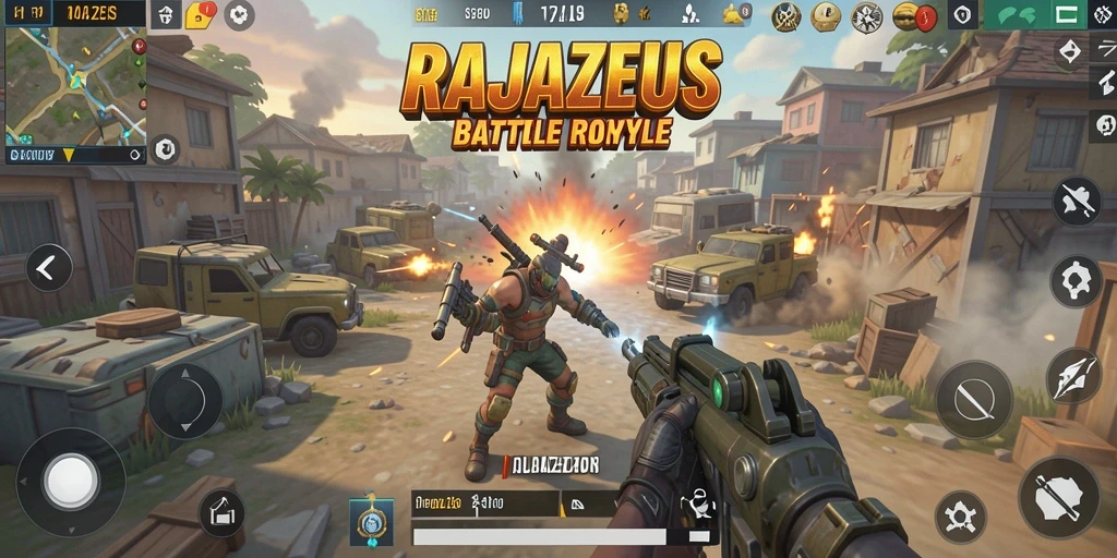 Tangkapan layar <strong>RAJAZEUS</strong> yang menampilkan aksi pertempuran intens di arena Battle Royale.
