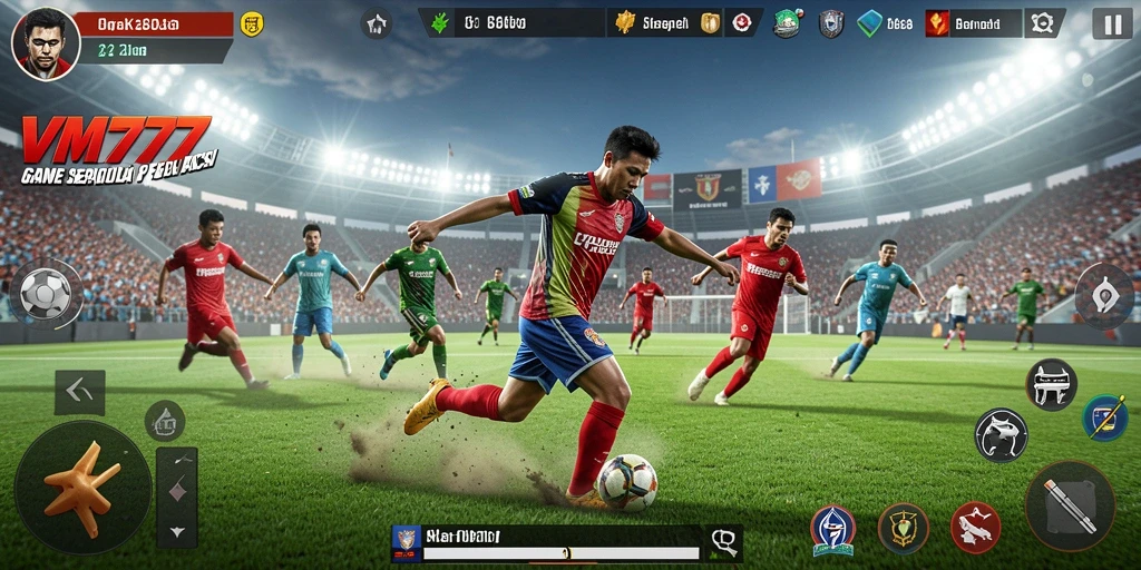 Tangkapan layar gameplay <strong>VM777</strong> yang menunjukkan aksi pertandingan sepak bola yang seru.
